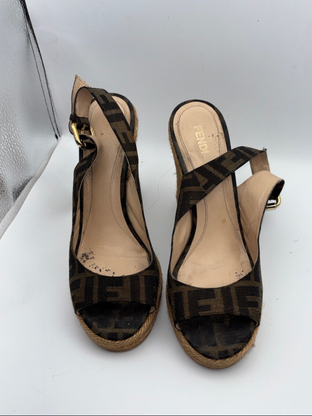 Fendi Brown Monogram Espadrille Slingback Wedges